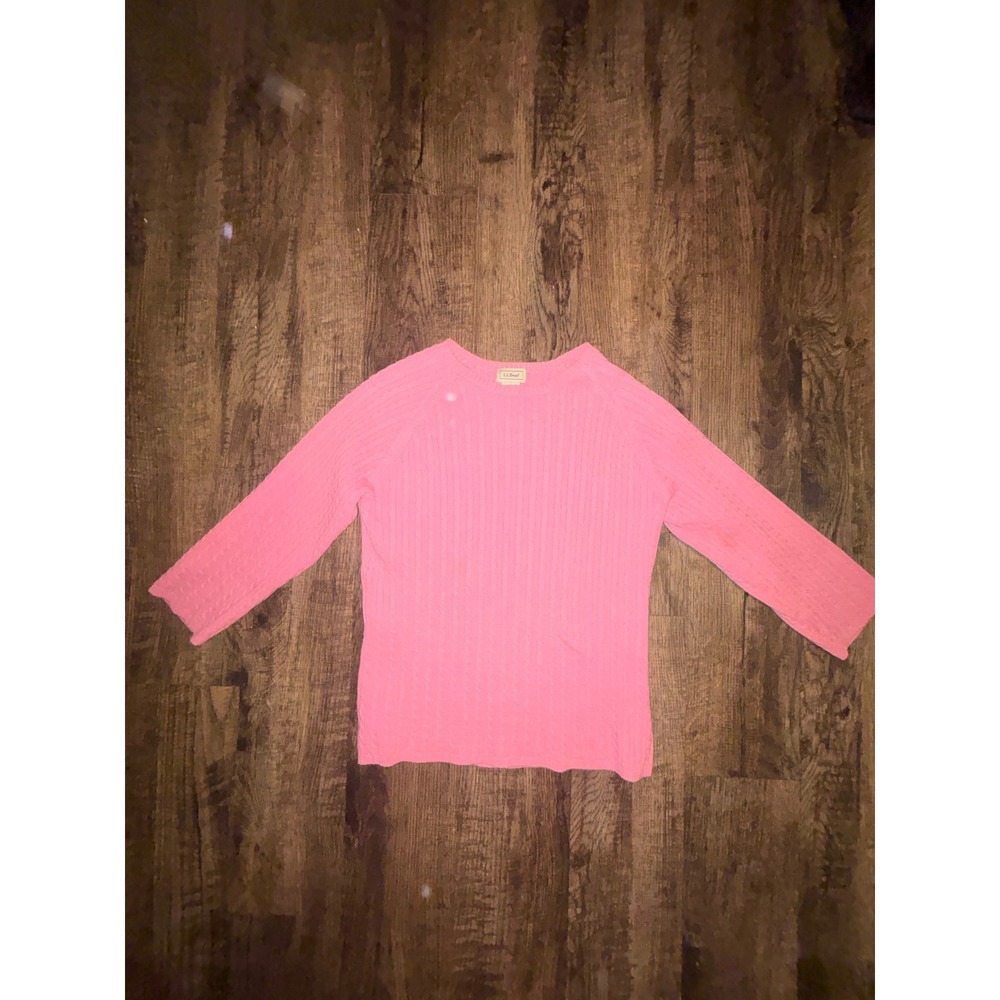 LL Bean Womens Pink Cable Knit Sweater Crew Neck Cotton Blend Size Medium M-REG